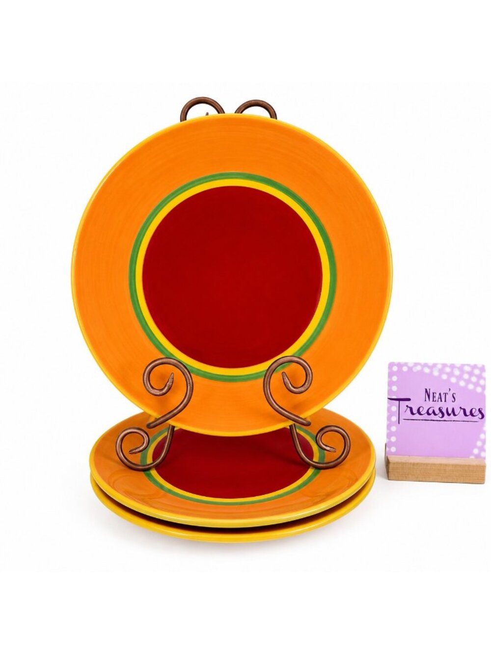 Dansk CARIBE ARUBA ORANGE & Red Green Yellow Rings 10 5/8" Dinner Plate Set of 3